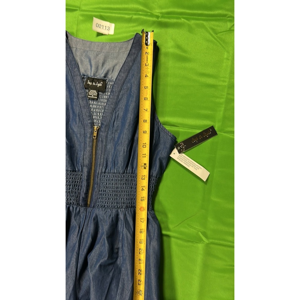 Step In Style Denim Look Chambray Midi Jumpsuit Smocked Waist Blue M - Picture 7 of 11
